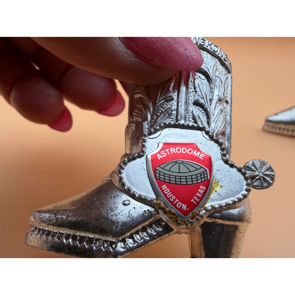 1960's Houston Astrodome Cowboy Boot Salt and Pepper Shakers Silver Texas Decor